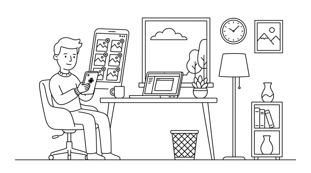 Black-and-white line illustration: a minimal Notion-style scene representing the best duplicate photo cleaner apps for android.