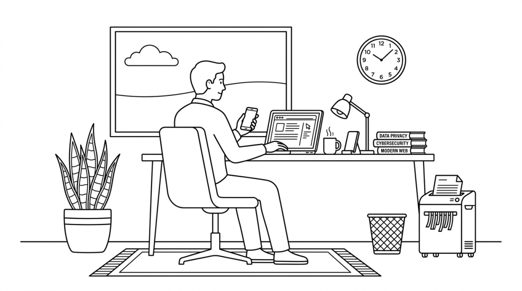 Line drawing of a man at a desk looking up a number on his phone, a laptop open in front of him