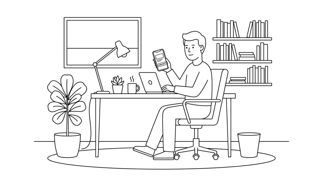 Black-and-white line illustration: a minimal Notion-style scene representing how to unlist your phone number from truecaller (permanent).