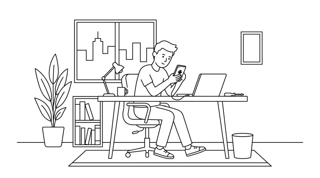 Black-and-white line illustration: a minimal Notion-style scene representing remove ransomware from an android phone in 2026 (step by step).