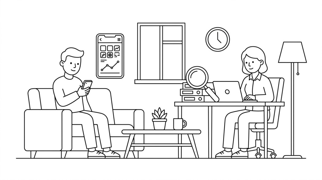 Line art of a person on a sofa using a phone with charts on a nearby screen