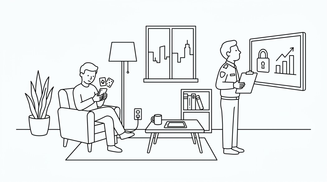 Black-and-white line illustration: a minimal Notion-style scene representing how mobile apps are reshaping the gambling industry (and what regulators are doing about it).