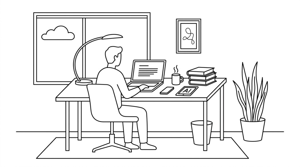 Black-and-white line illustration: a minimal Notion-style scene representing resources for writing your next essay (apps, ai tools, citation helpers).
