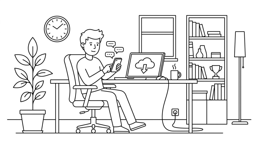 Black-and-white line illustration: a minimal Notion-style scene representing restore old sms messages from google drive.