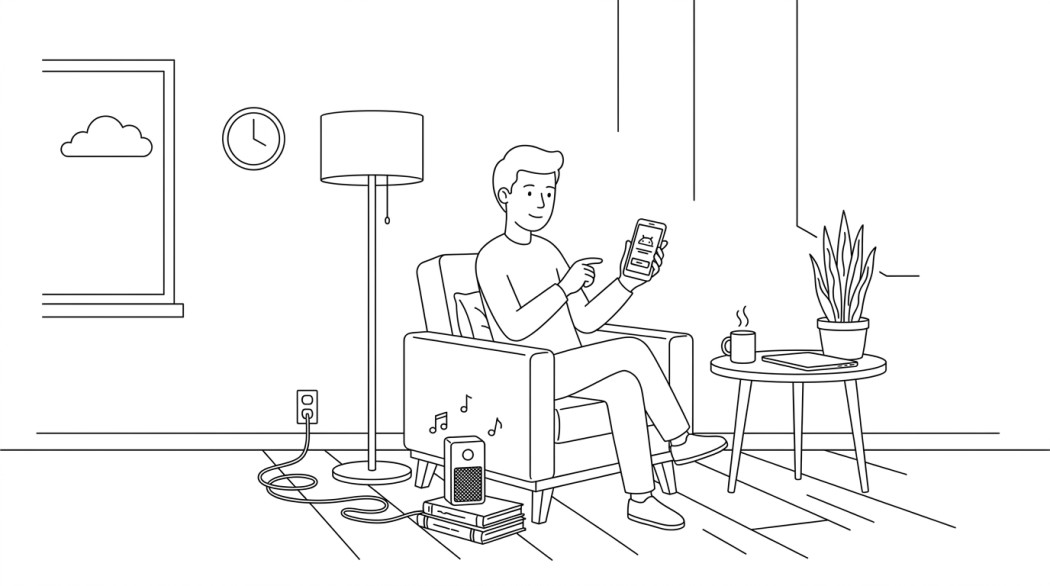 Black-and-white line illustration of a phone playing a ringtone, representing the best ad-light ringtone apps for Android.