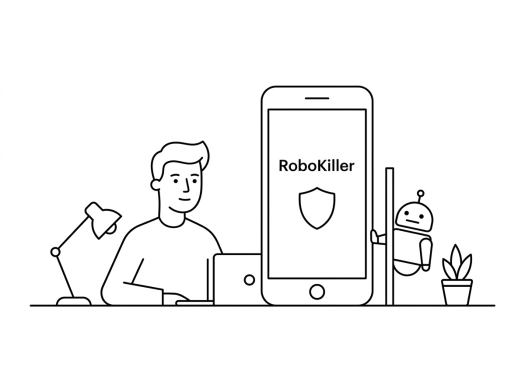 Black-and-white illustration representing RoboKiller.