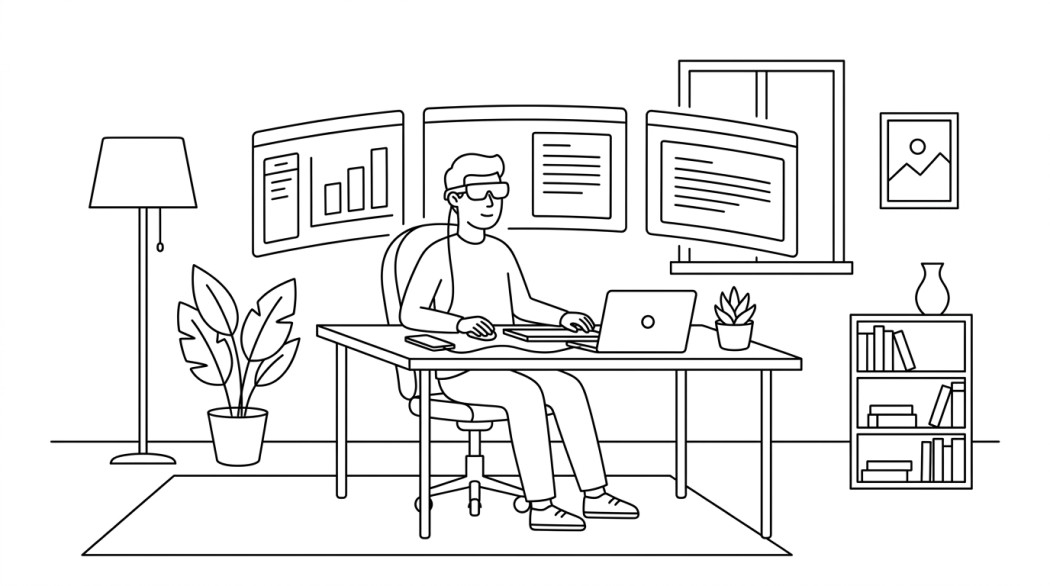 Black-and-white line illustration: a minimal Notion-style scene representing rokid is ending the era of single-screens for the multitasking generation.