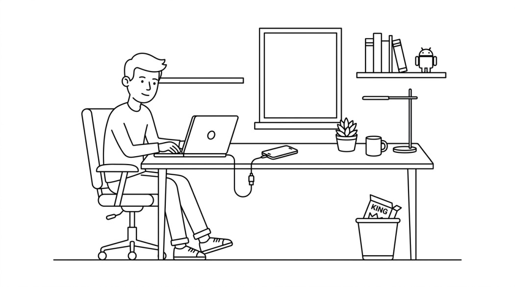 Black-and-white line illustration: a minimal Notion-style scene representing kingroot: why it is dead and how to root android safely instead.