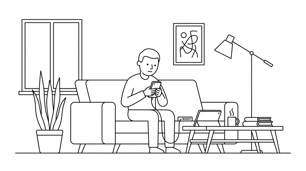 Black-and-white line illustration: a minimal Notion-style scene representing rooting android without a pc: what still works and what does not.