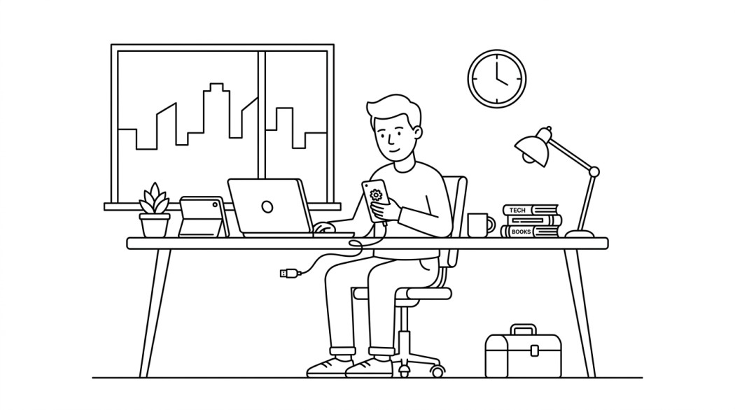 Black-and-white line illustration: a minimal Notion-style scene representing the best apps for rooted android phones.