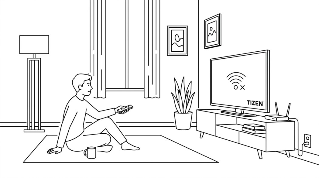 Black-and-white line illustration: a minimal Notion-style scene representing fix samsung tv wifi issues: 7 real solutions (tizen).