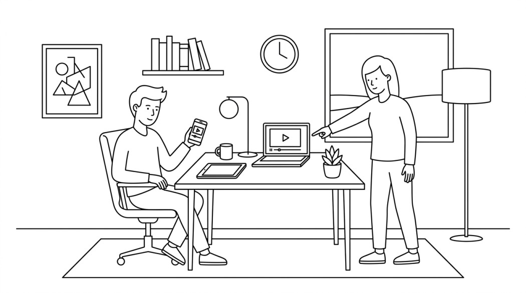 Black-and-white line illustration: a minimal Notion-style scene representing saving tiktok videos (why the watermark stays, and the legitimate paths when you need a clean copy).