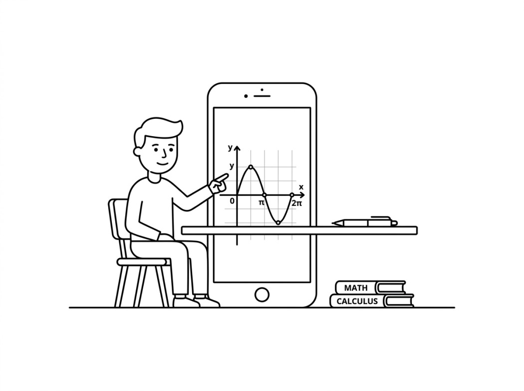 Black and white line illustration representing what about graphing calculators?.