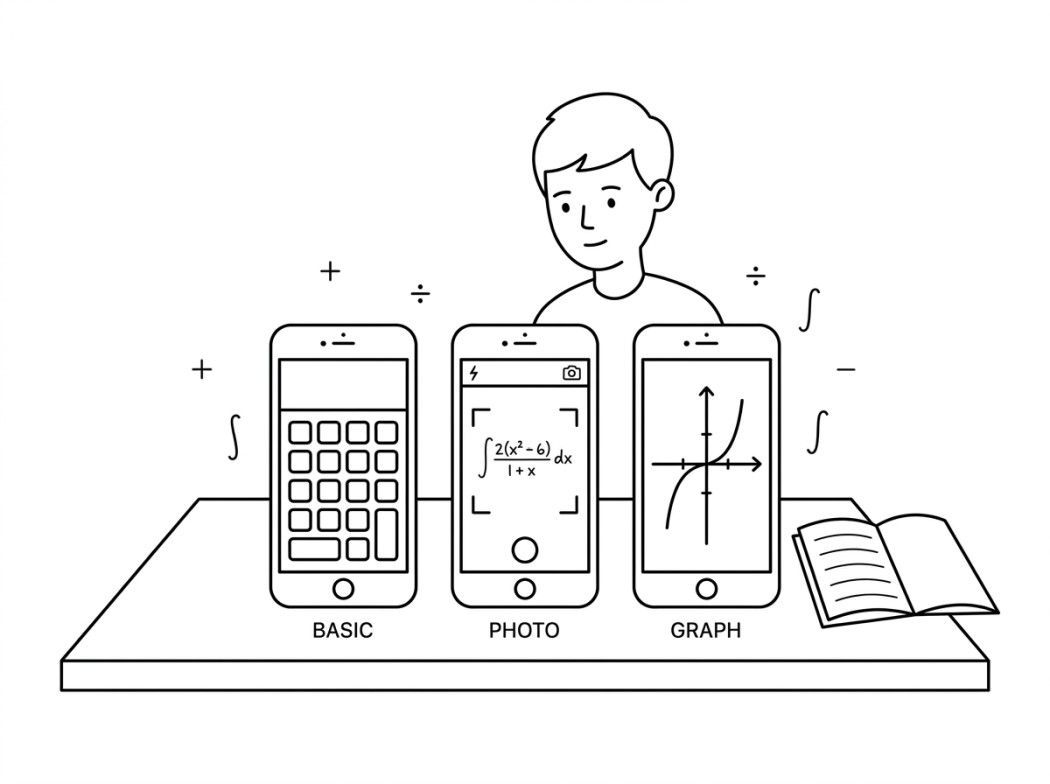 Black and white line illustration representing how scientific calculator apps split into tiers.