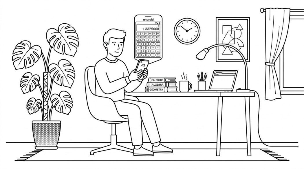 Black-and-white line illustration: a minimal Notion-style scene representing scientific calculator apps for Android.