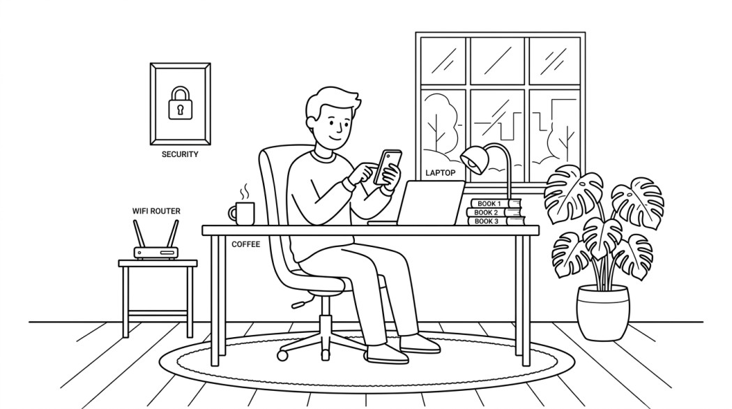 Black-and-white line illustration: a minimal Notion-style scene representing how to make your android phone secure: 12 settings that actually matter.