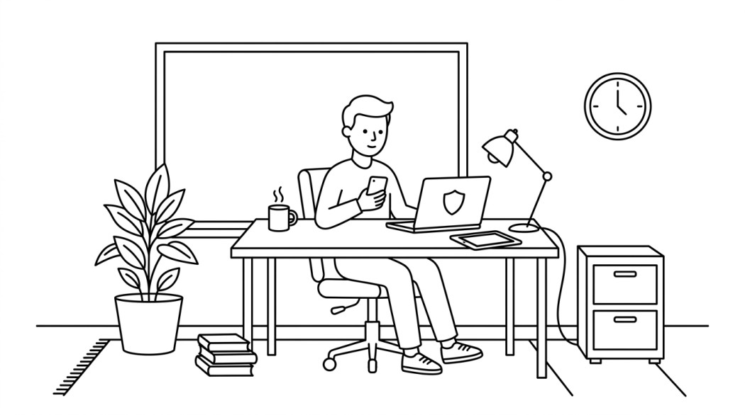 Black-and-white line illustration: a minimal Notion-style scene representing how to secure employee smartphones (byod playbook for smbs).