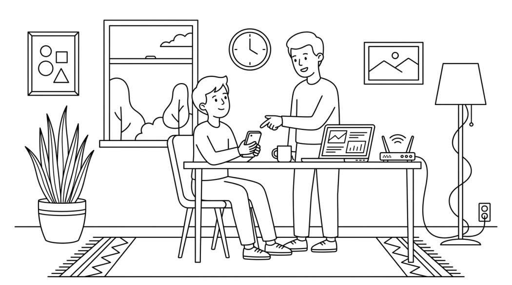 Line drawing of two colleagues at a desk looking over a phone and a laptop together