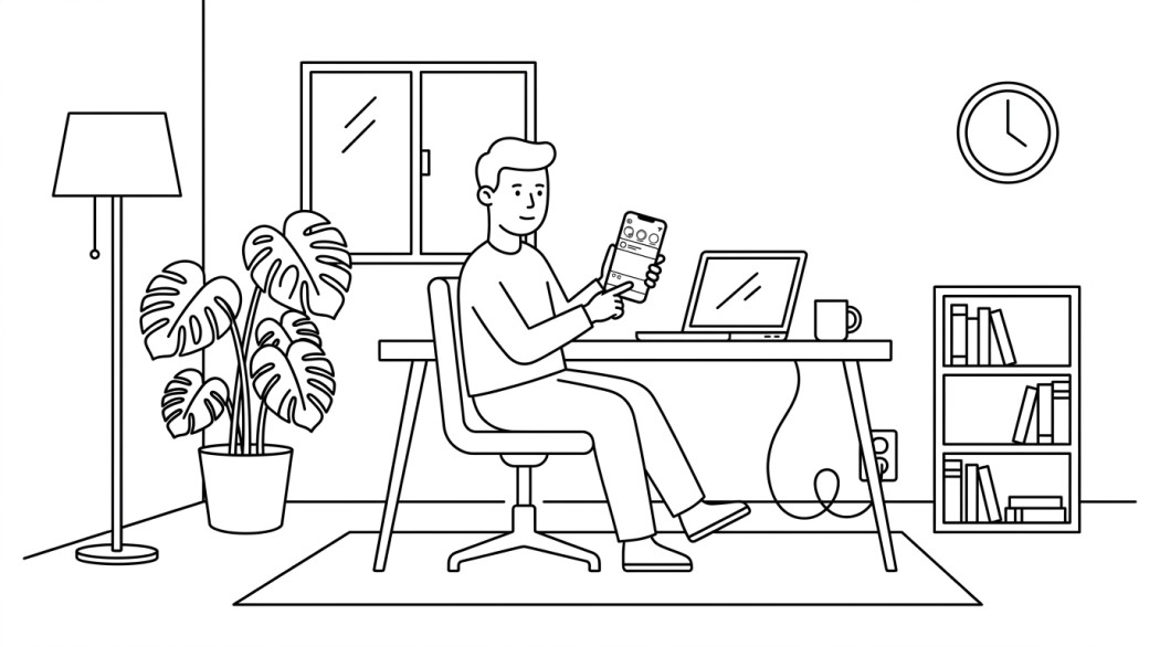 Black-and-white line illustration: a minimal Notion-style scene representing how to view instagram stories without showing up in the viewer list.