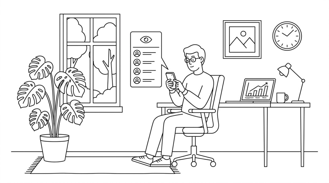 Black-and-white line illustration: a minimal Notion-style scene representing snapchat story views: what the platform shows the content owner.