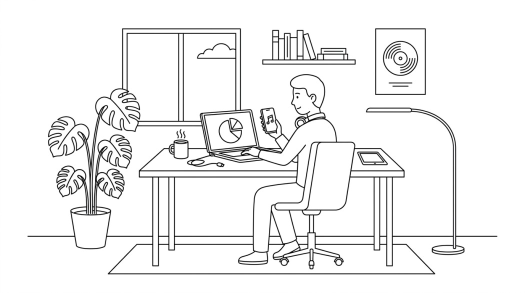 Black-and-white line illustration: a minimal Notion-style scene representing how to see your spotify stats (wrapped, pie chart, stats.fm, and the pixel now playing trick).