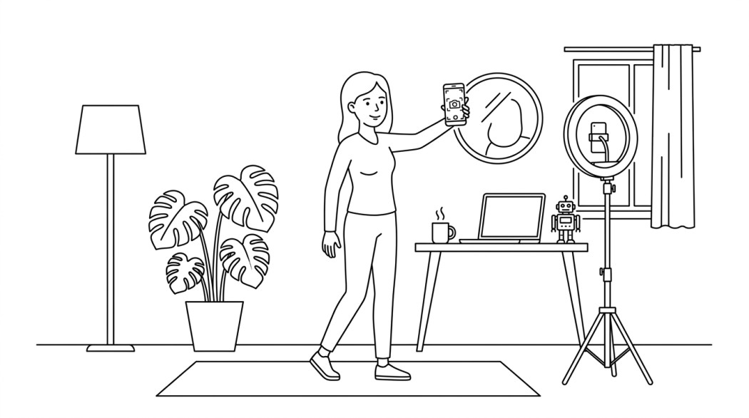 Black-and-white line illustration: a minimal Notion-style scene representing the best selfie camera apps for android (beyond the built-in).