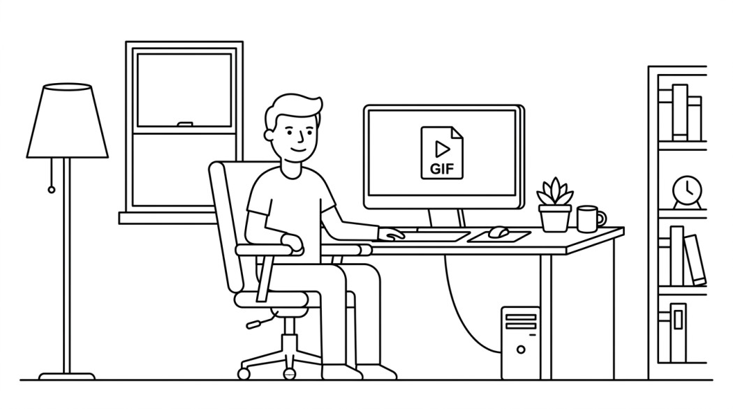 Black-and-white line illustration: a minimal Notion-style scene representing how to set an animated wallpaper from a gif.