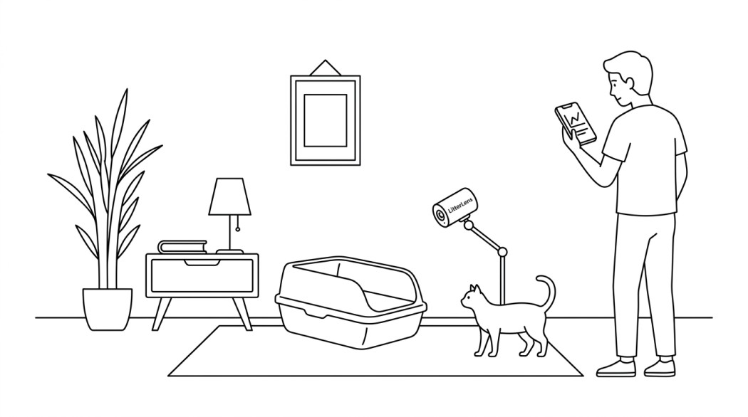 Black-and-white line illustration: a minimal Notion-style scene representing siipet litterlens: the smartest little camera reshaping cat wellness at home.