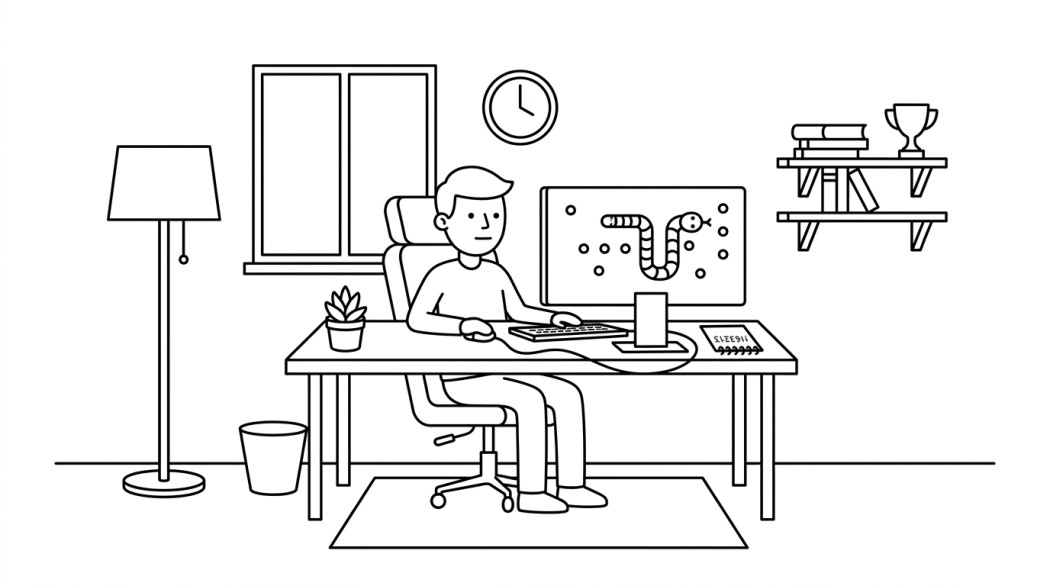 Black-and-white line illustration: a minimal Notion-style scene representing slither.io secret items: how the codes actually work (and why hack codes don't).