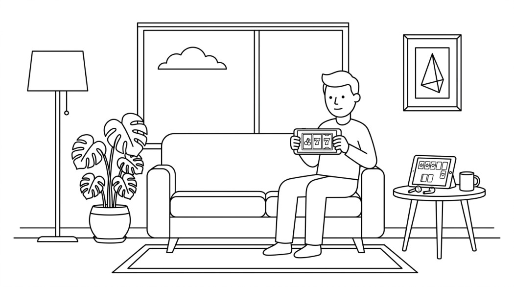 Black-and-white line illustration: a minimal Notion-style scene representing 4 best slots apps and casino games for android.