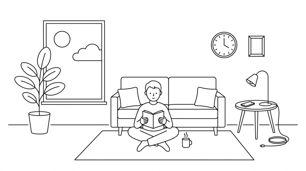Black-and-white line illustration: a minimal Notion-style scene representing 10 best android apps to break phone addiction (and keep it off).
