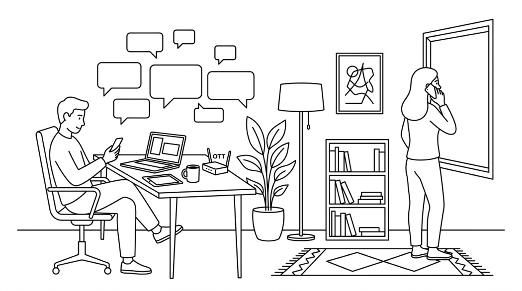 Black-and-white line illustration: a minimal Notion-style scene representing sms, rcs, and instant messaging apps: the real state of mobile chat.