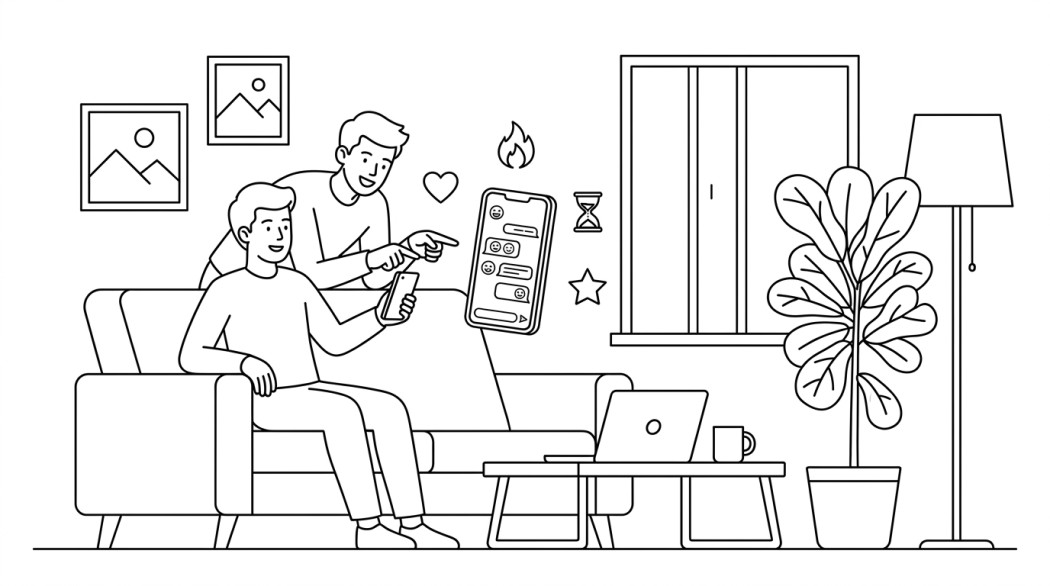 Black-and-white line illustration: a minimal Notion-style scene representing snapchat emojis and their meanings (friend emojis, filters, memories).