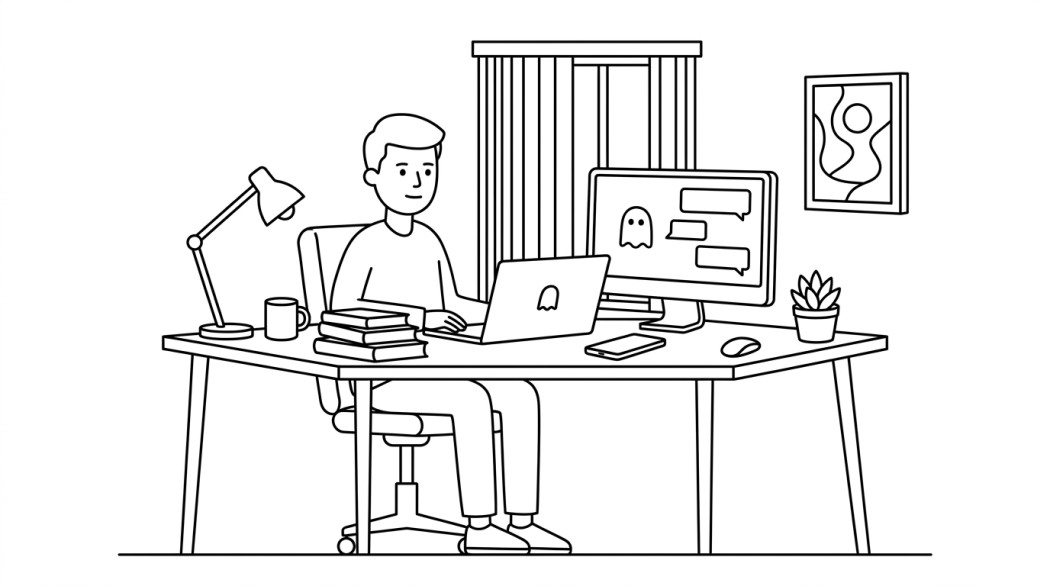 Black-and-white line illustration: a minimal Notion-style scene representing 3 ways to use snapchat on your pc or laptop.