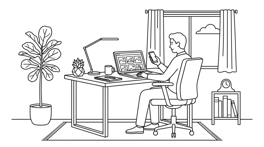 Black-and-white line illustration: a minimal Notion-style scene representing how to save snapchat snaps legitimately (memories, chat save, and screenshot etiquette).