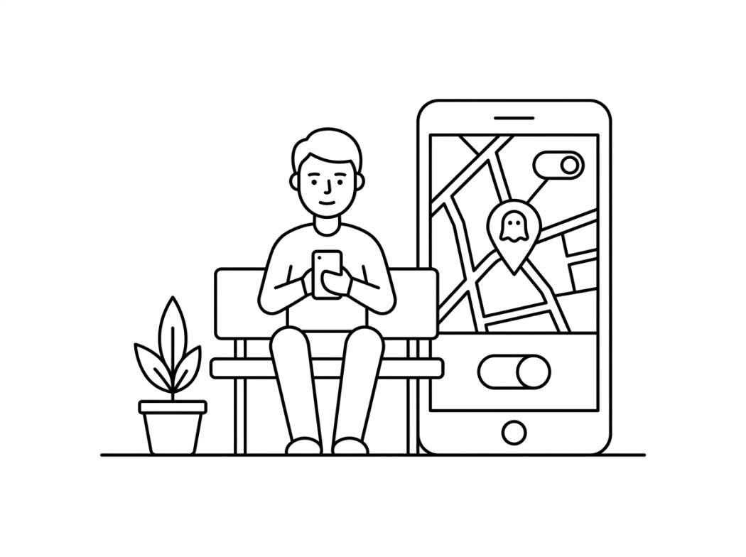 Black and white line illustration representing snap map and ghost mode.