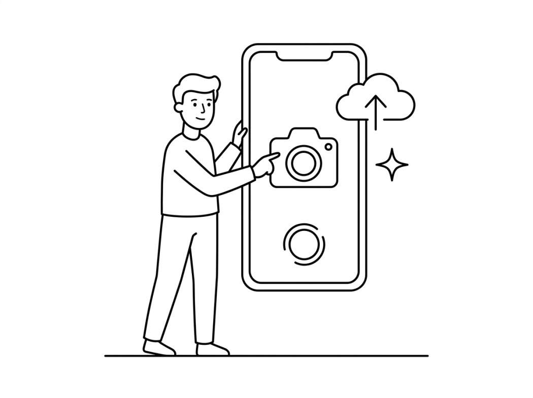 Black and white line illustration representing camera and stories features worth using.