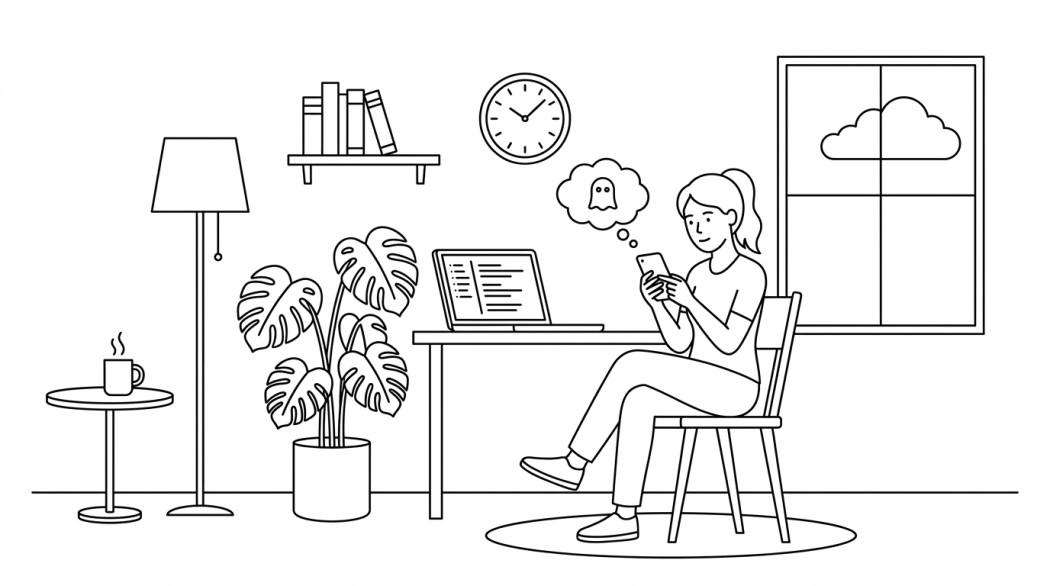 Black-and-white line illustration: a minimal Notion-style scene representing 300+ snapchat username and display name ideas (cool, cute, funny).