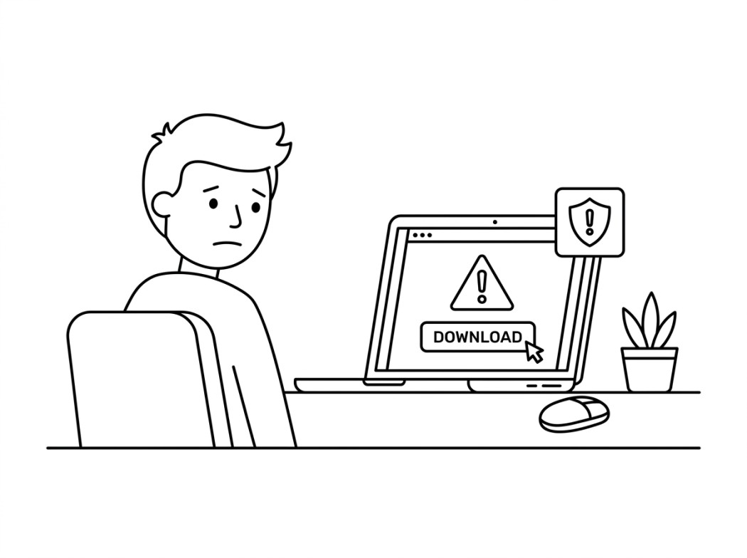 Black and white line illustration representing why third-party downloader sites carry real risk.