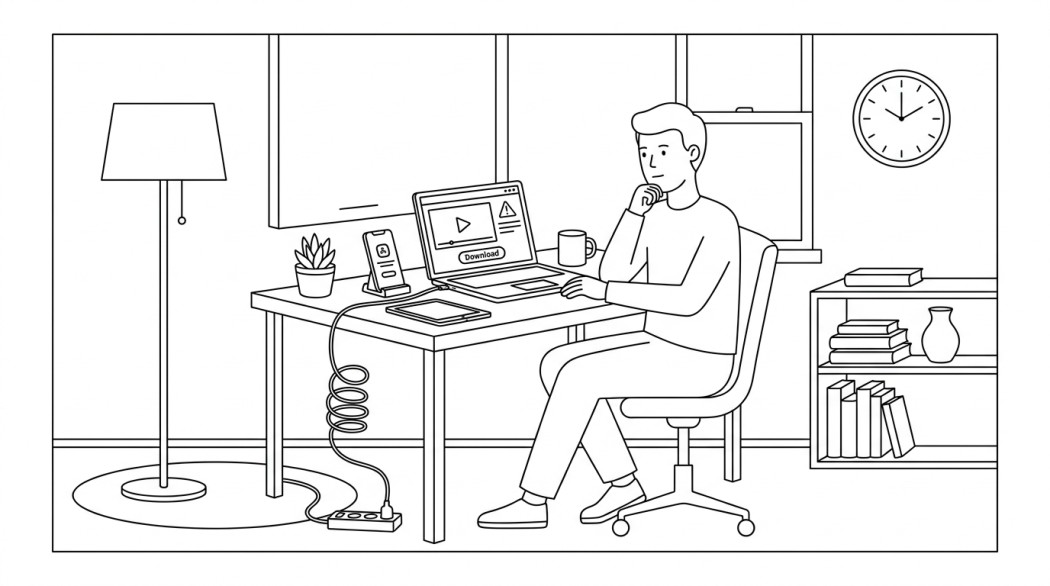 Black-and-white line illustration: a minimal Notion-style scene representing why third-party downloaders like snaptik are risky in 2026 (and the legitimate path to save tiktok, instagram, facebook, and x videos).
