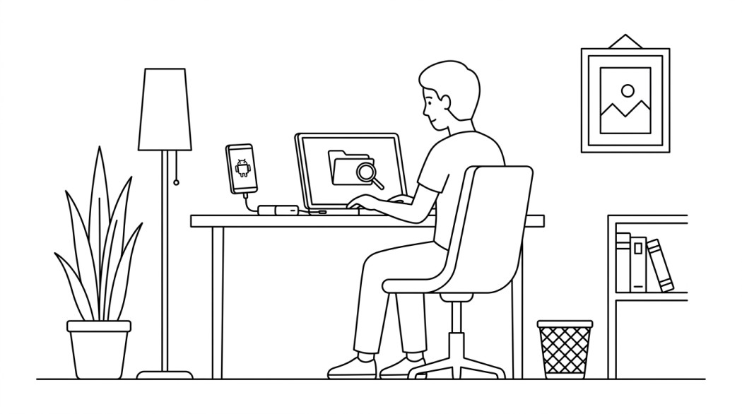 Black-and-white line illustration: a minimal Notion-style scene representing best software to recover deleted files (windows, mac, android).
