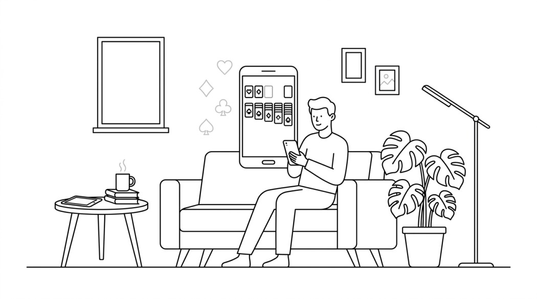 Black-and-white line illustration: a minimal Notion-style scene representing 10 best solitaire apps for android in 2026 (free, paid, and open-source).