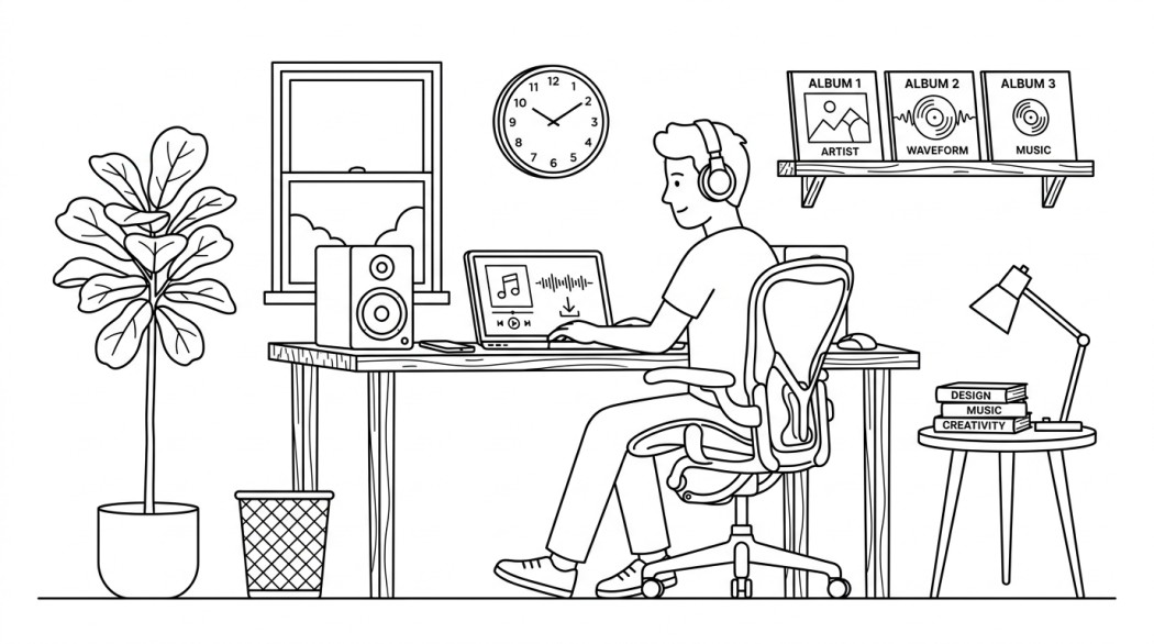 Black-and-white line illustration: a minimal Notion-style scene representing how to save soundcloud tracks legitimately.