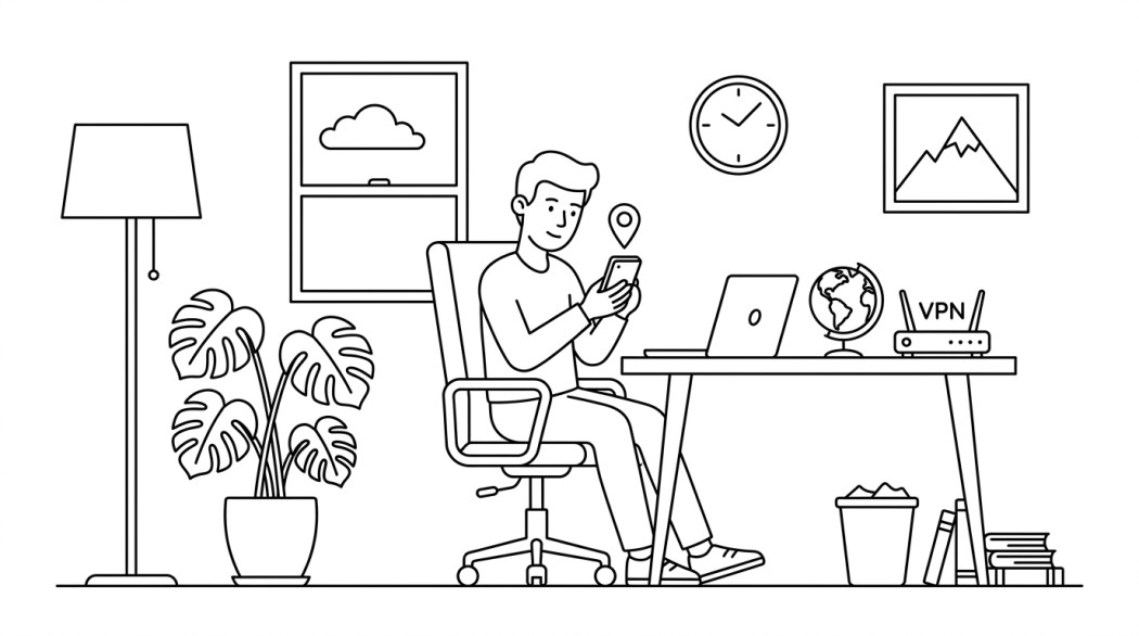 Black-and-white line illustration: a minimal Notion-style scene representing changing your phone's location: legit uses, risks, alternatives.