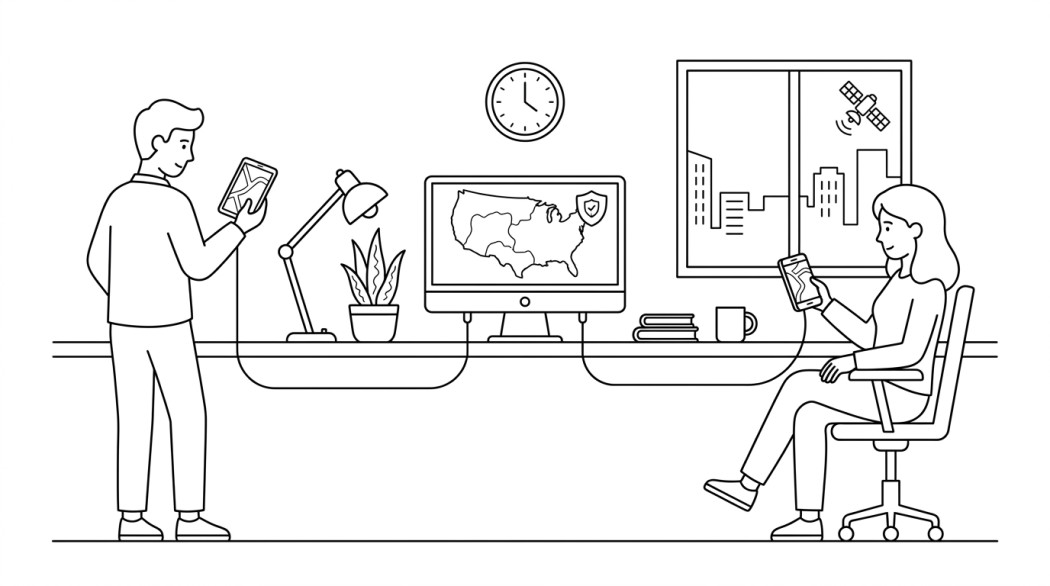Black-and-white line illustration: a minimal Notion-style scene representing pokemon go gps context: same anti-cheat, different platforms.