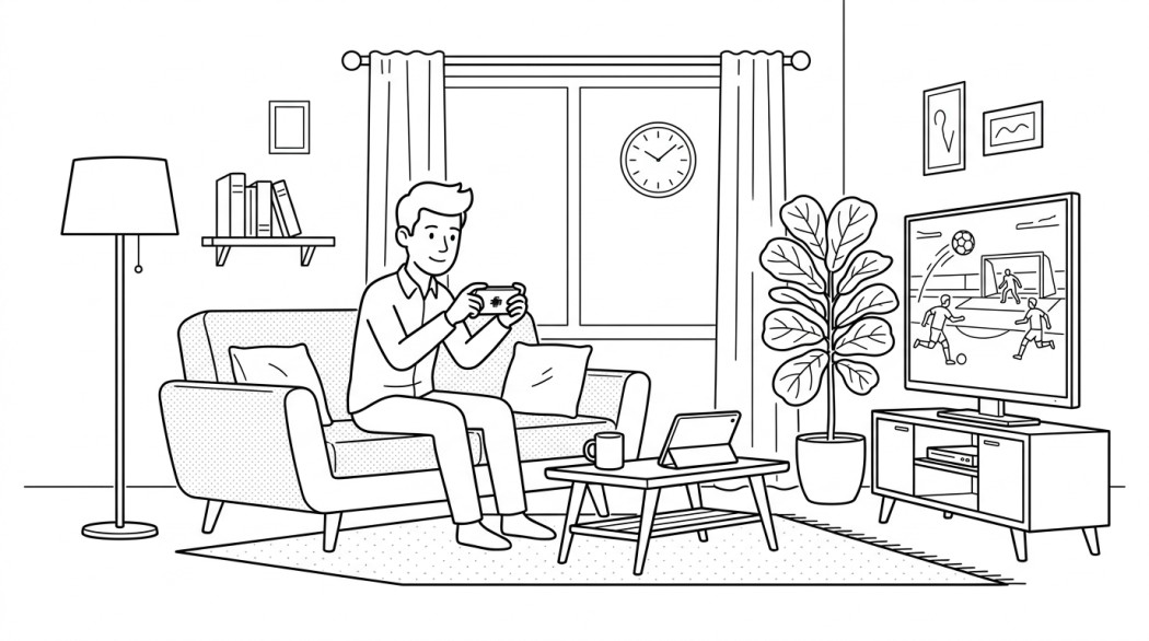 Black-and-white line illustration: a minimal Notion-style scene representing how to watch live football legally on android (free and paid).