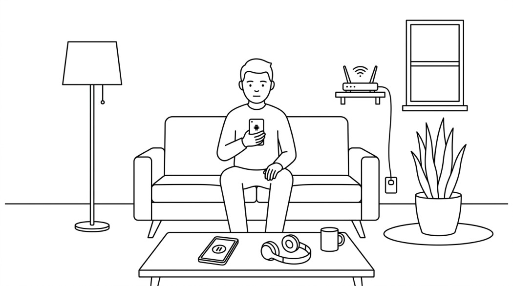Black-and-white line illustration: a minimal Notion-style scene representing spotify keeps pausing on android: the fix order that works.