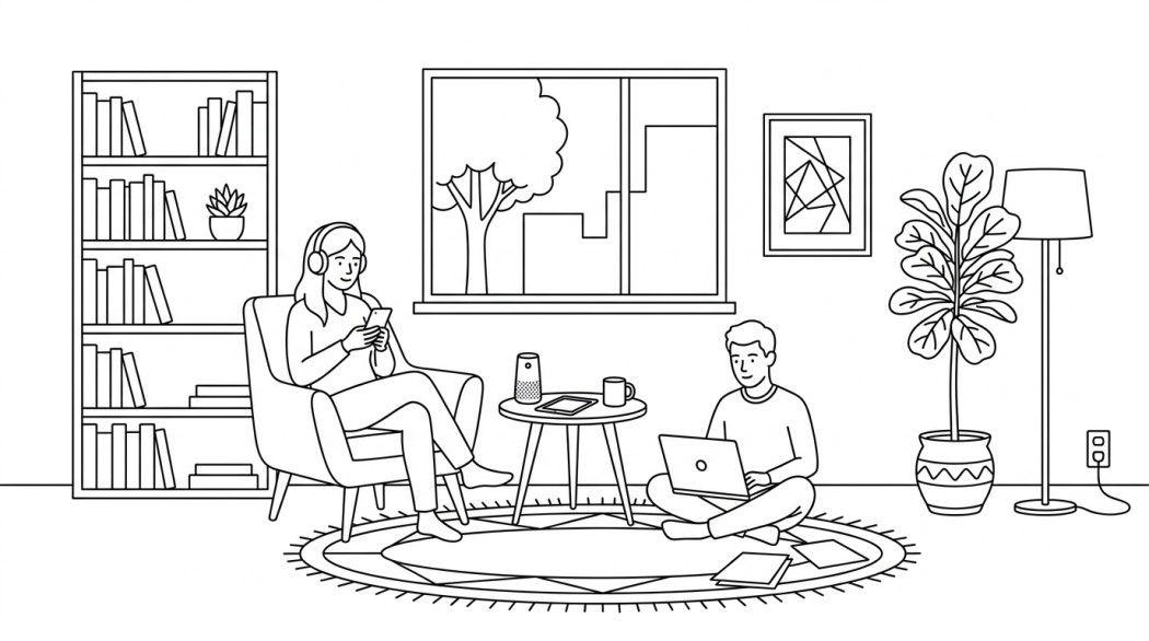 Black-and-white line illustration: a minimal Notion-style scene representing spotify: free, premium, family, duo, and student paths explained.