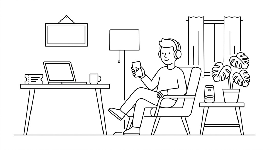Black-and-white line illustration: a minimal Notion-style scene representing how to get spotify premium for free (legit trials, promos & bundles).