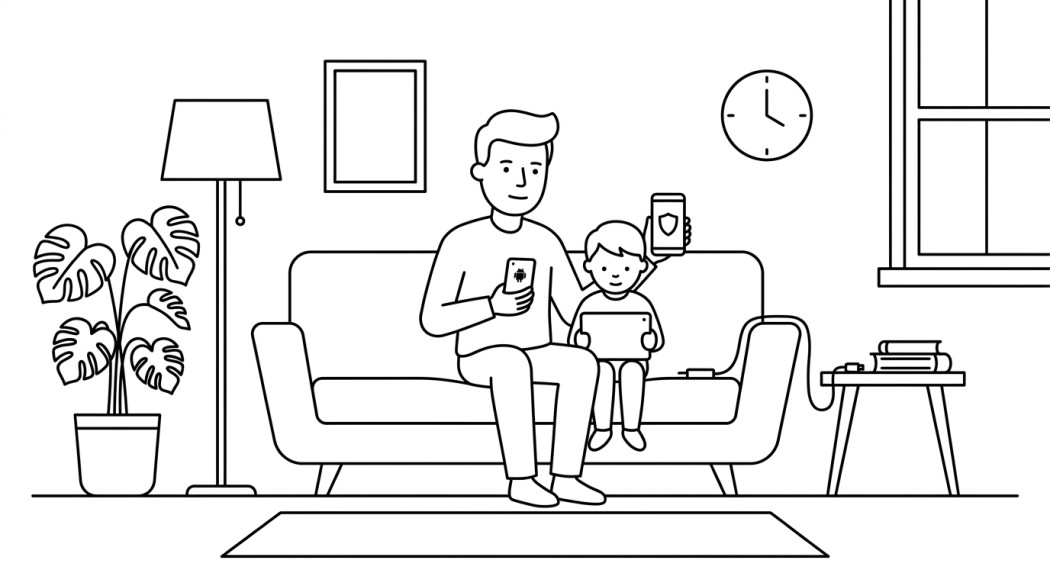 Black-and-white line illustration: a minimal Notion-style scene representing family safety and parental monitoring apps for android (legitimate only).
